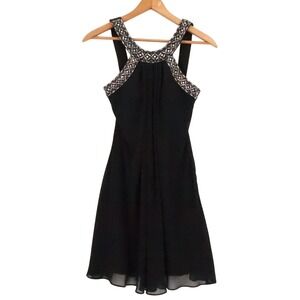 JS Boutique Beaded Halter Neck Cocktail Dress Womens Size 6 Black Chiffon LBD